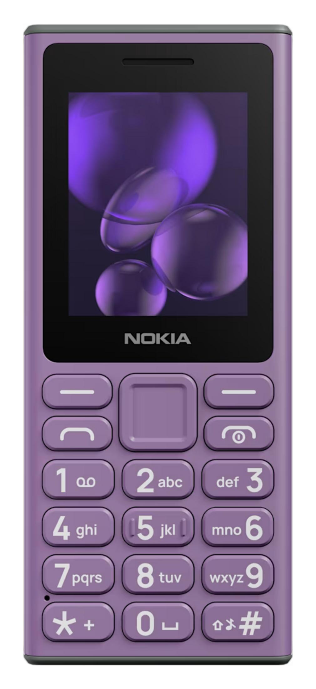 Un telefono cellulare Nokia viola con schermo nero che mostra bolle viola.
