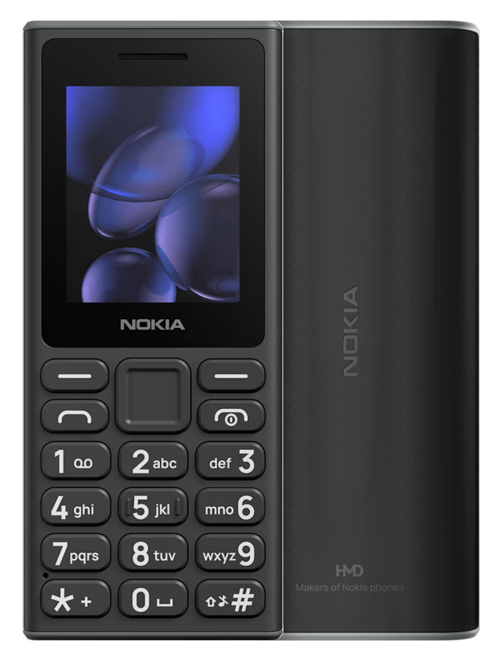 Un telefono Nokia nero con pulsanti e uno sfondo colorato dello schermo.