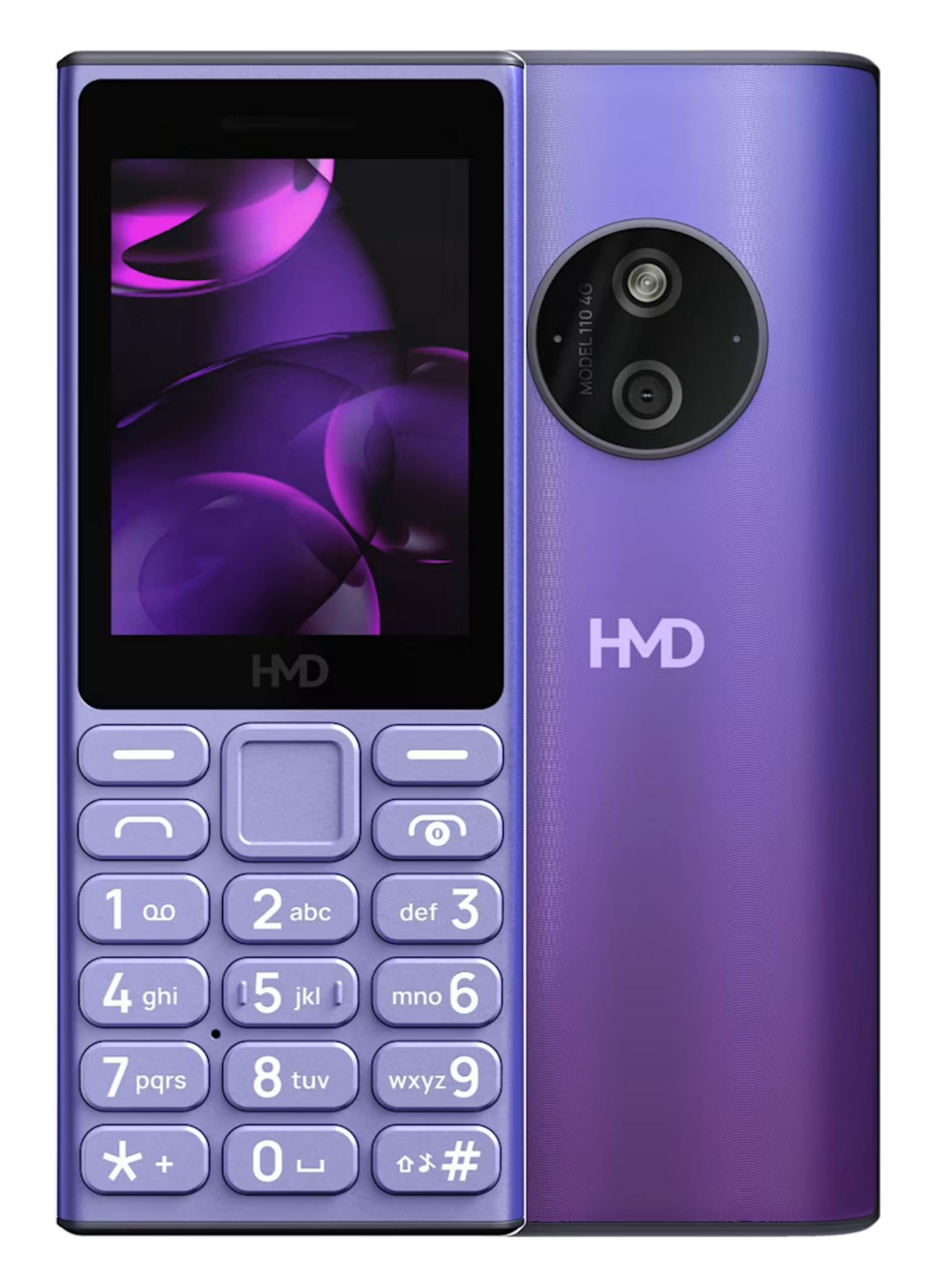 Un telefono cellulare HMD viola con tastiera e fotocamera.