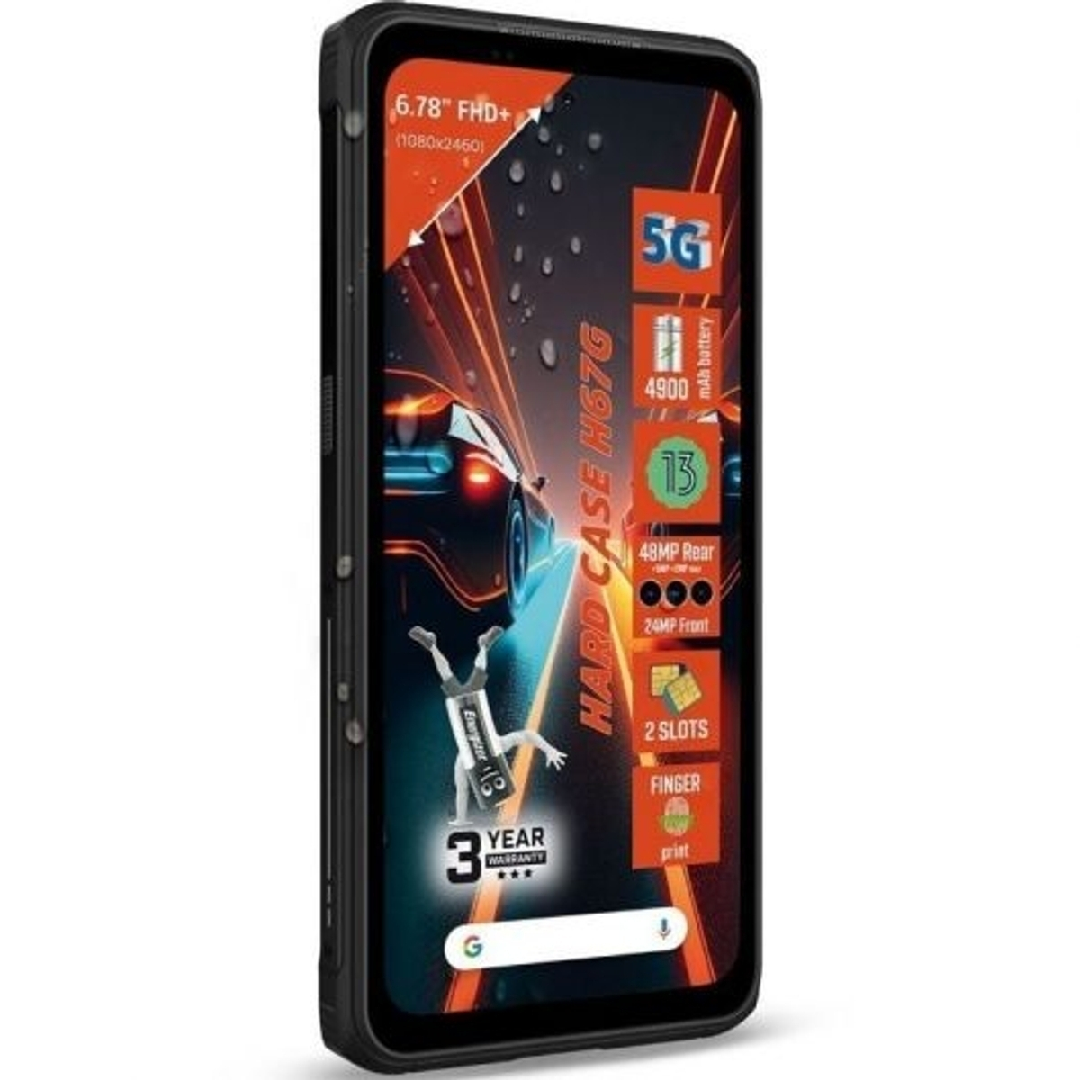 Czarny smartfon z tłem samochodu wyścigowego, wyświetlacz 6,78 cala FHD+, 5G, bateria 4900 mAh.