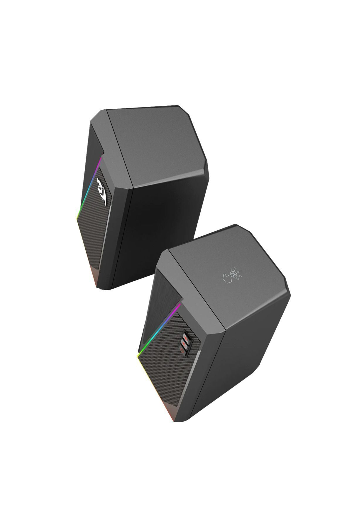 Due altoparlanti neri angolari con illuminazione RGB su sfondo bianco.