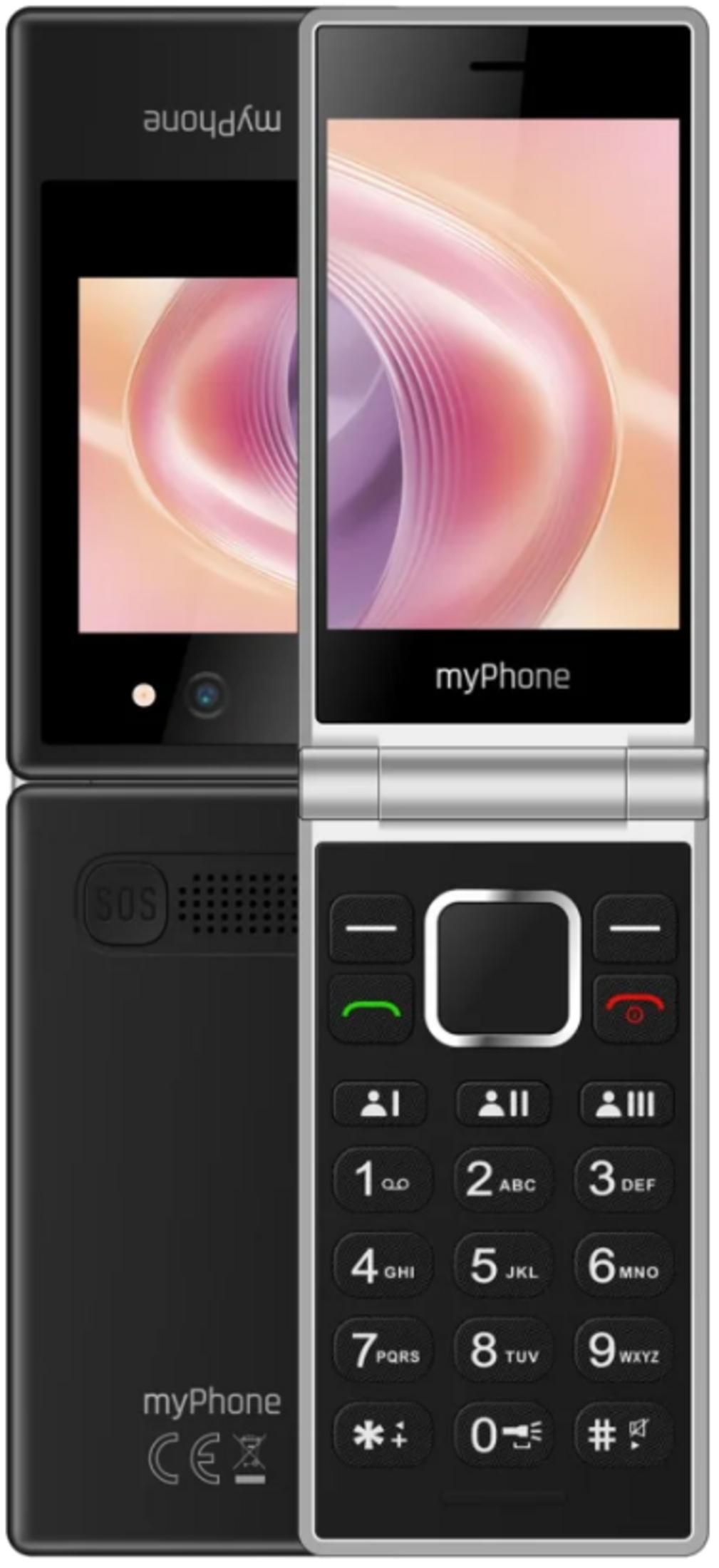 Un telefono flip nero con accenti argentati e tastiera.