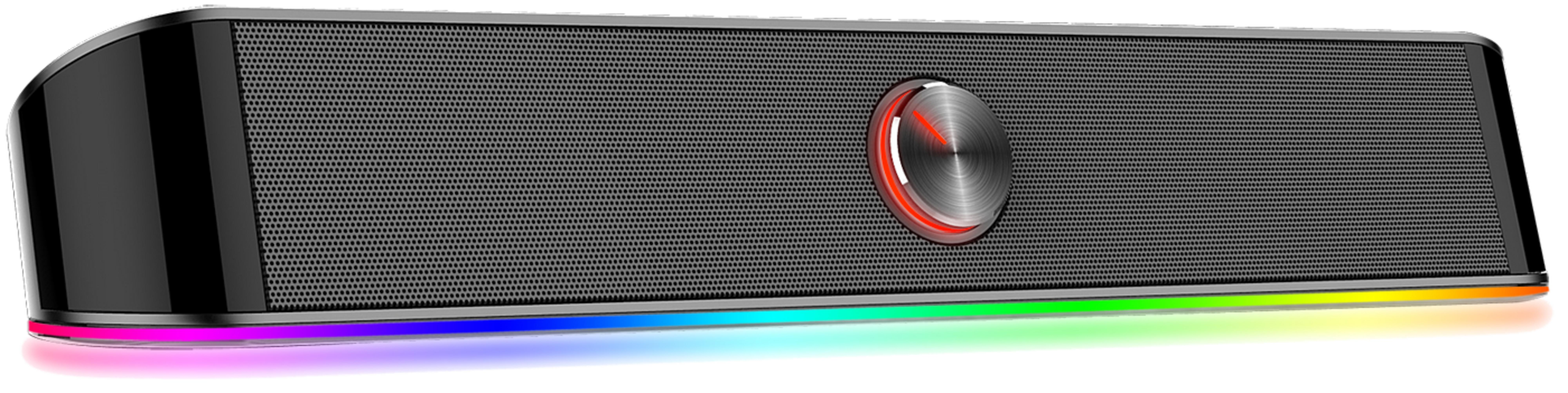 Altoparlante nero con griglia e illuminazione RGB.