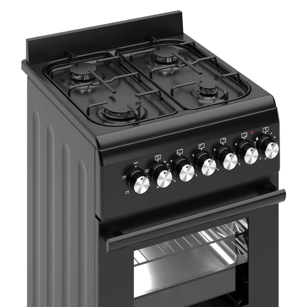 Black gas stove with four burners, control knobs, and an oven.
