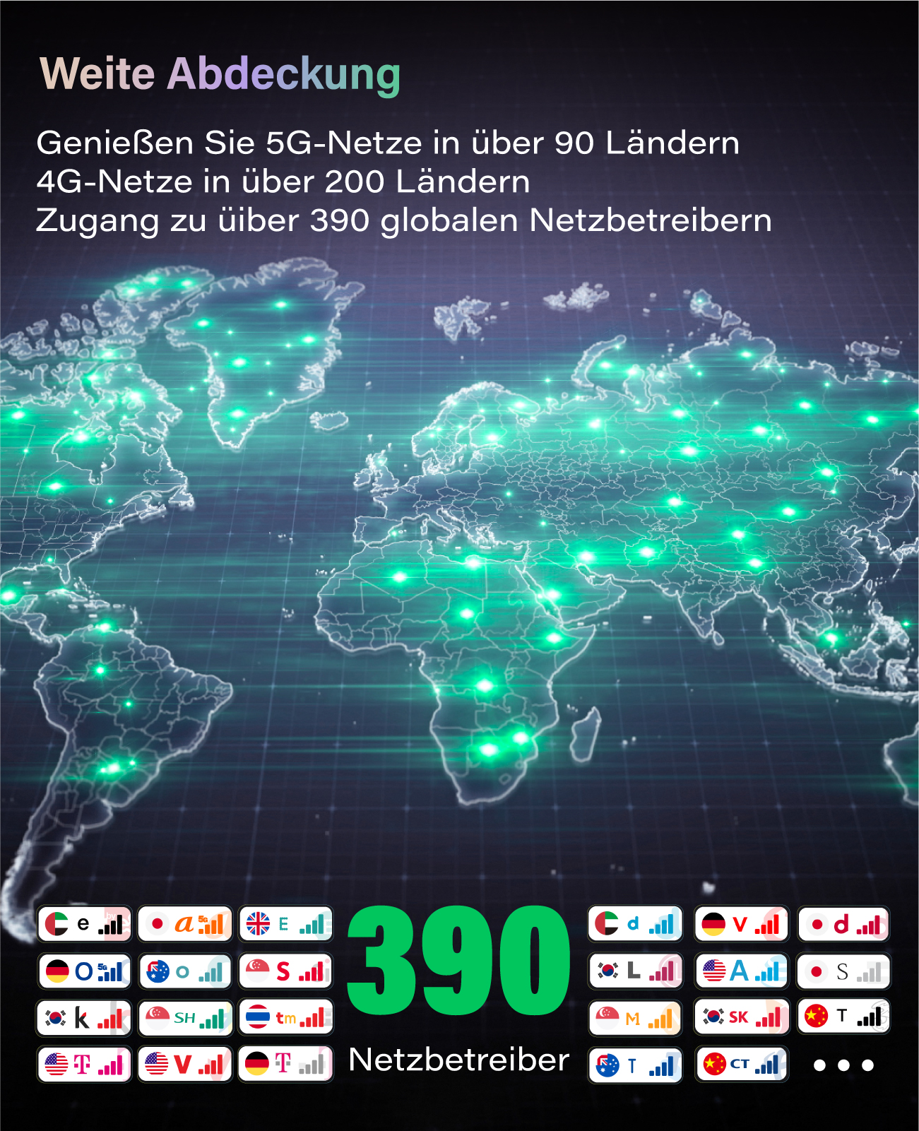 Weltkarte mit grünen Lichtpunkten, 390 Netzbetreiber und Logos.