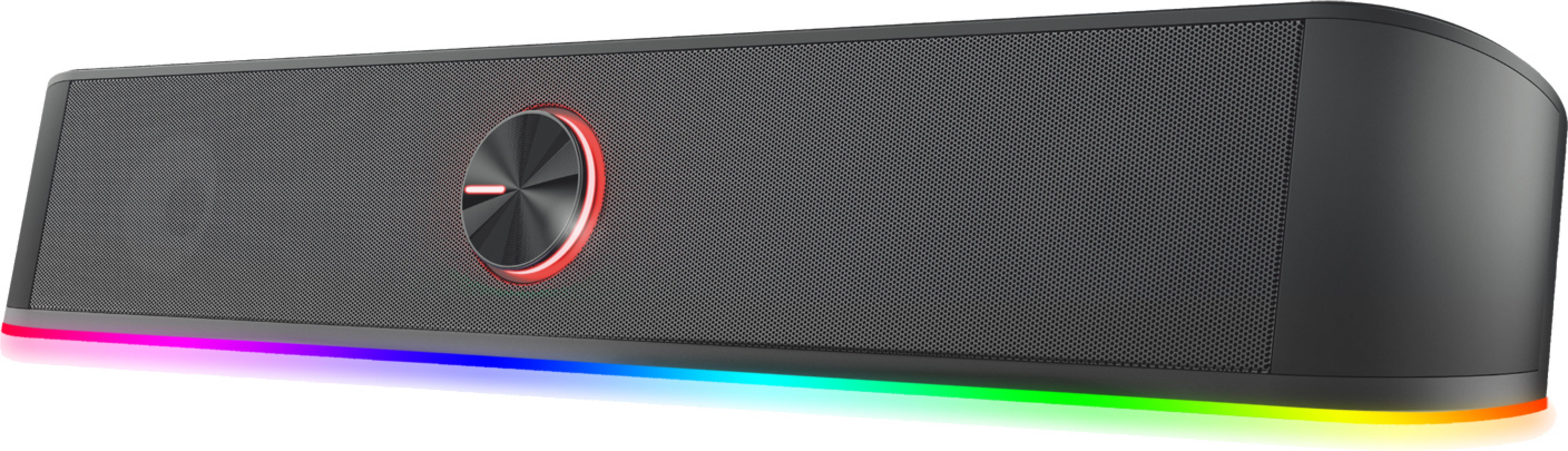 Altoparlante nero con quadrante e illuminazione RGB in basso.