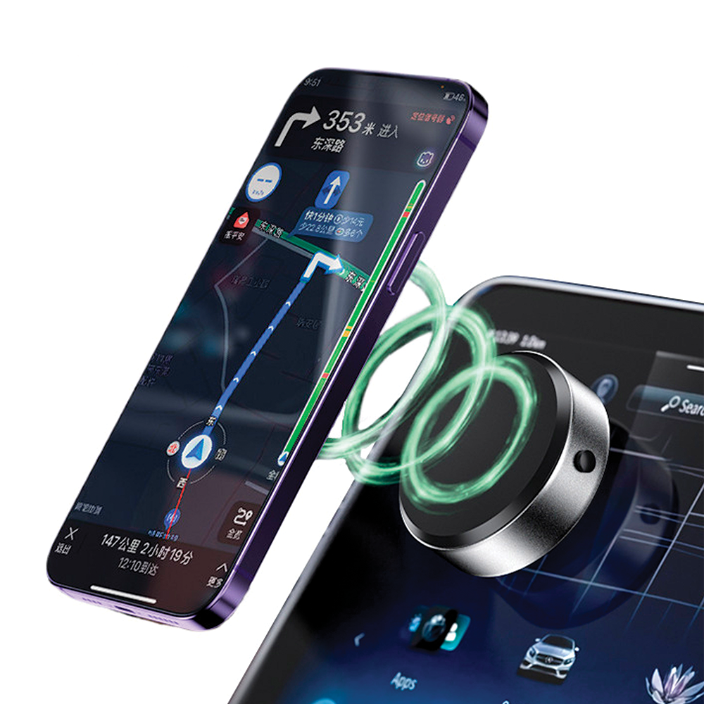 Navigasyon uygulaması gösteren bir akıllı telefon, manyetik bir aparatla bağlı.