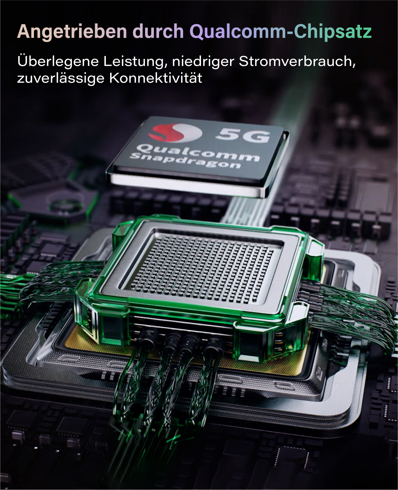 Nahaufnahme eines Qualcomm Snapdragon 5G Chipsatzes mit grünen Kabeln.