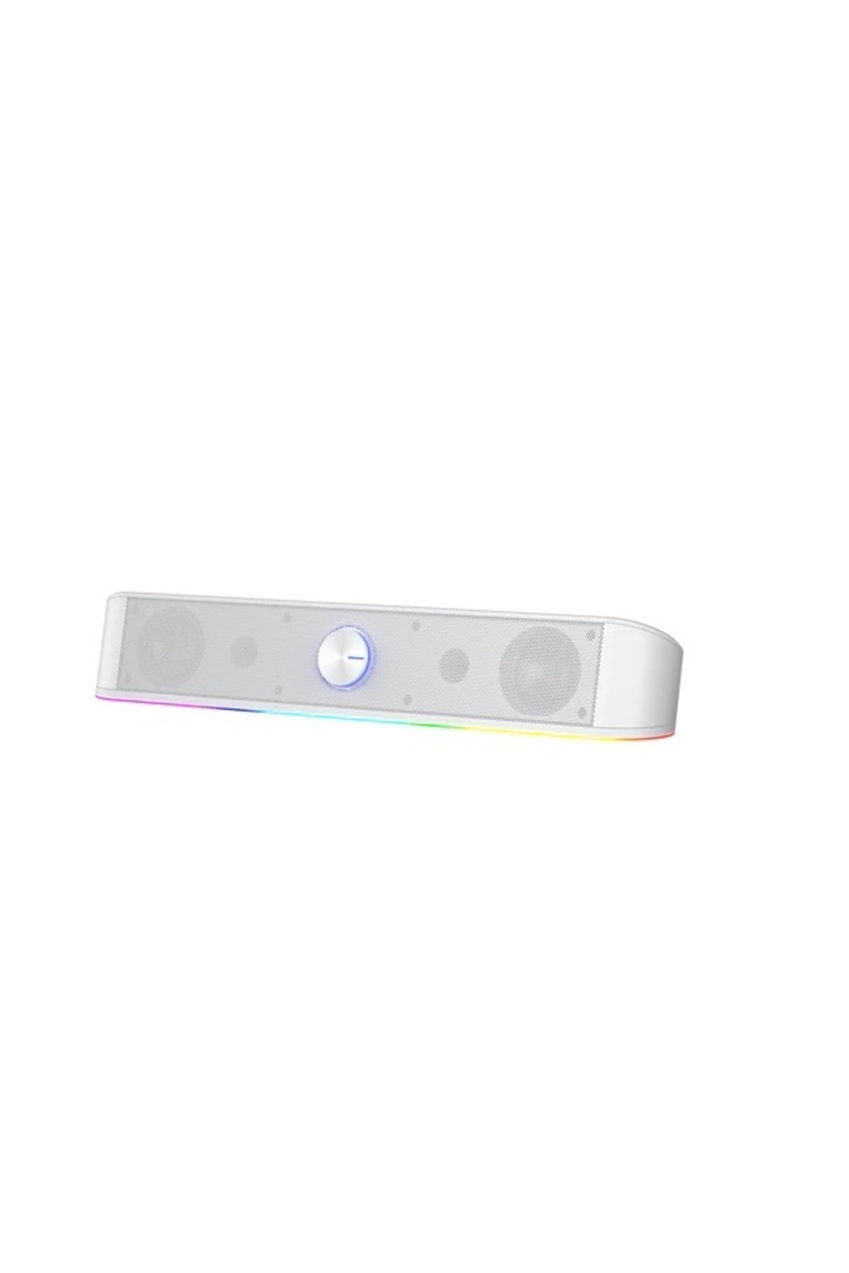 Soundbar bianca con illuminazione RGB e manopola argentata.