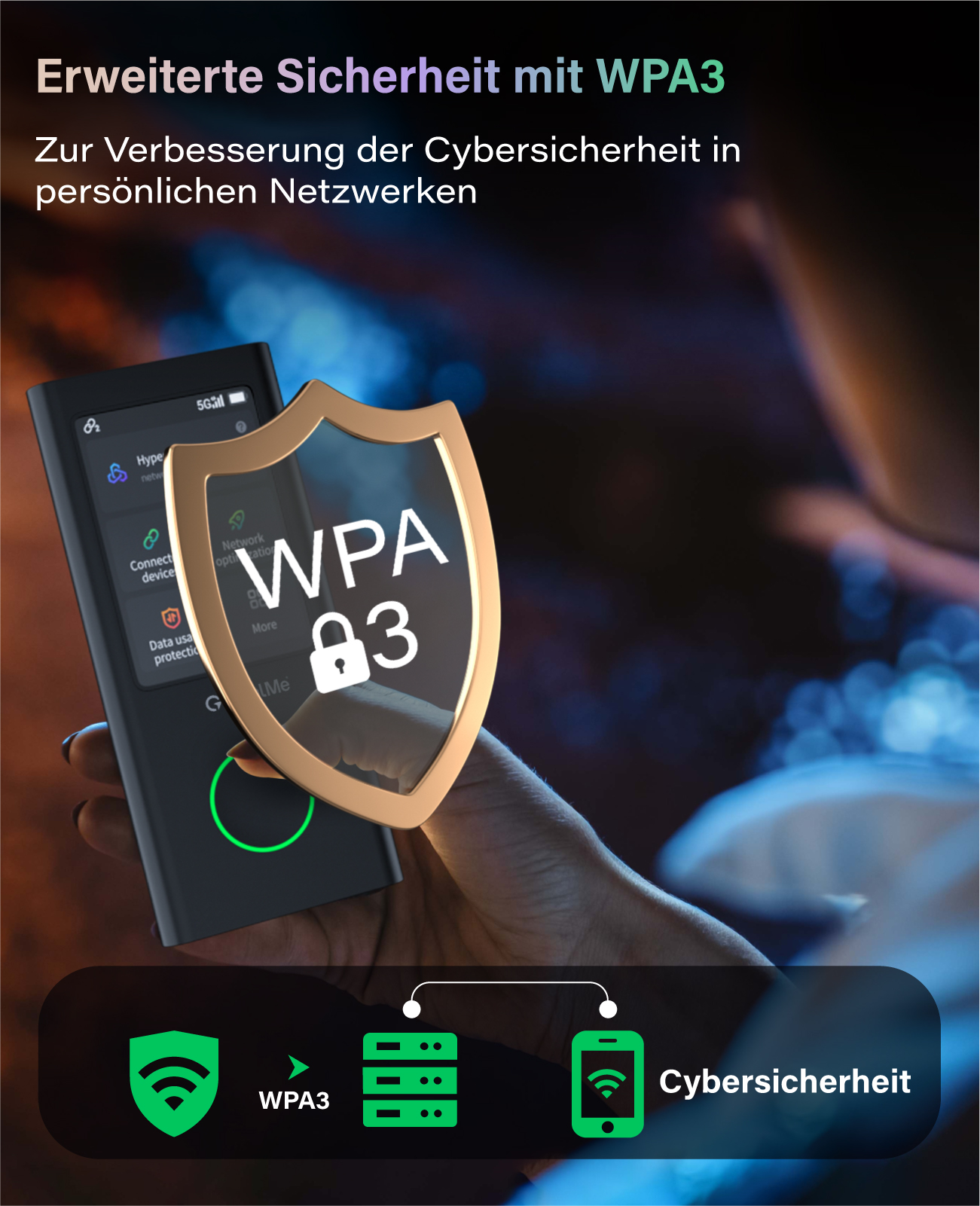 Ein Handy mit WPA3-Symbol und Schild wird gehalten. Diagramm zeigt Sicherheit.