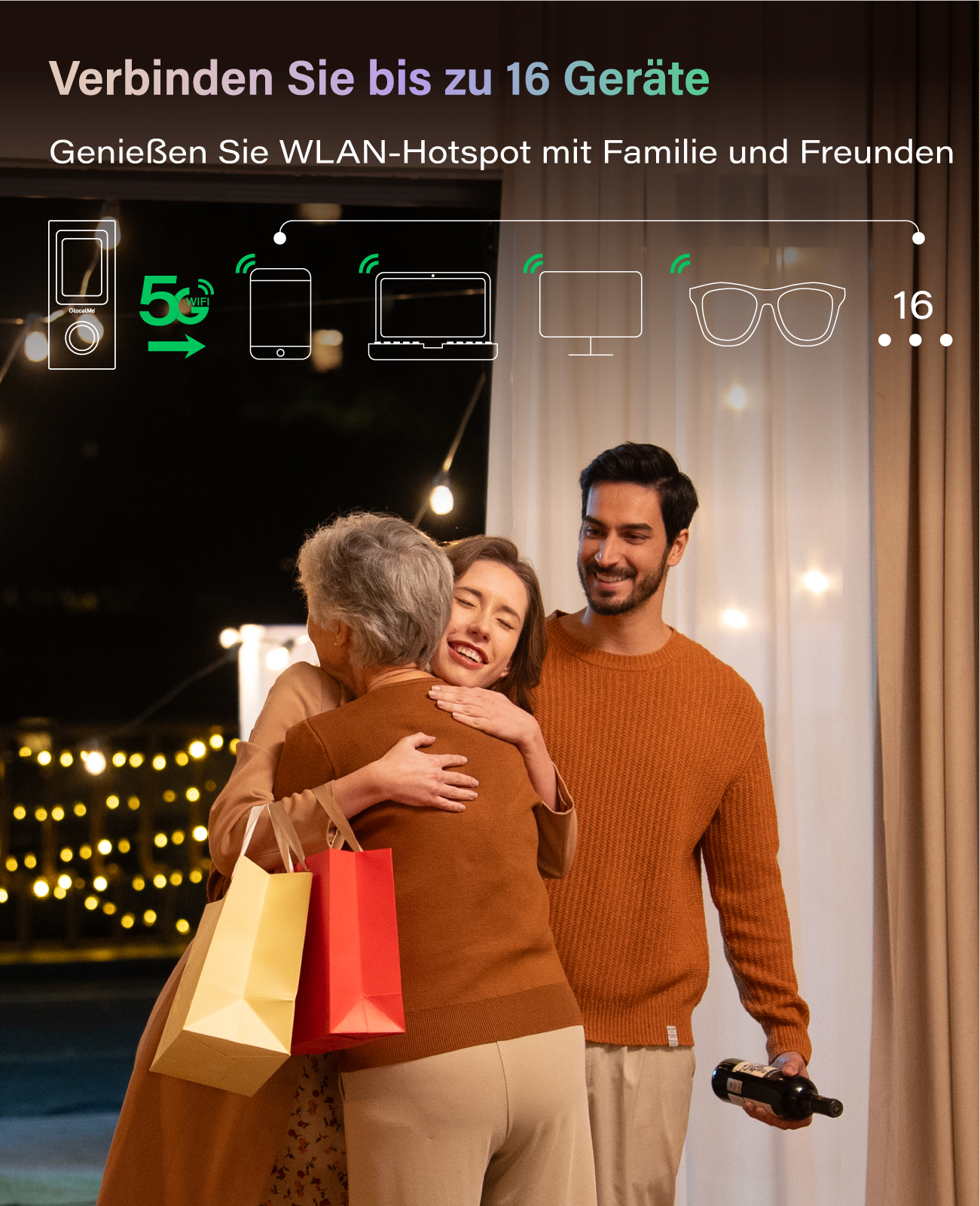 Familie umarmt sich, während WLAN-Geräte verbunden werden. 16 Geräte.