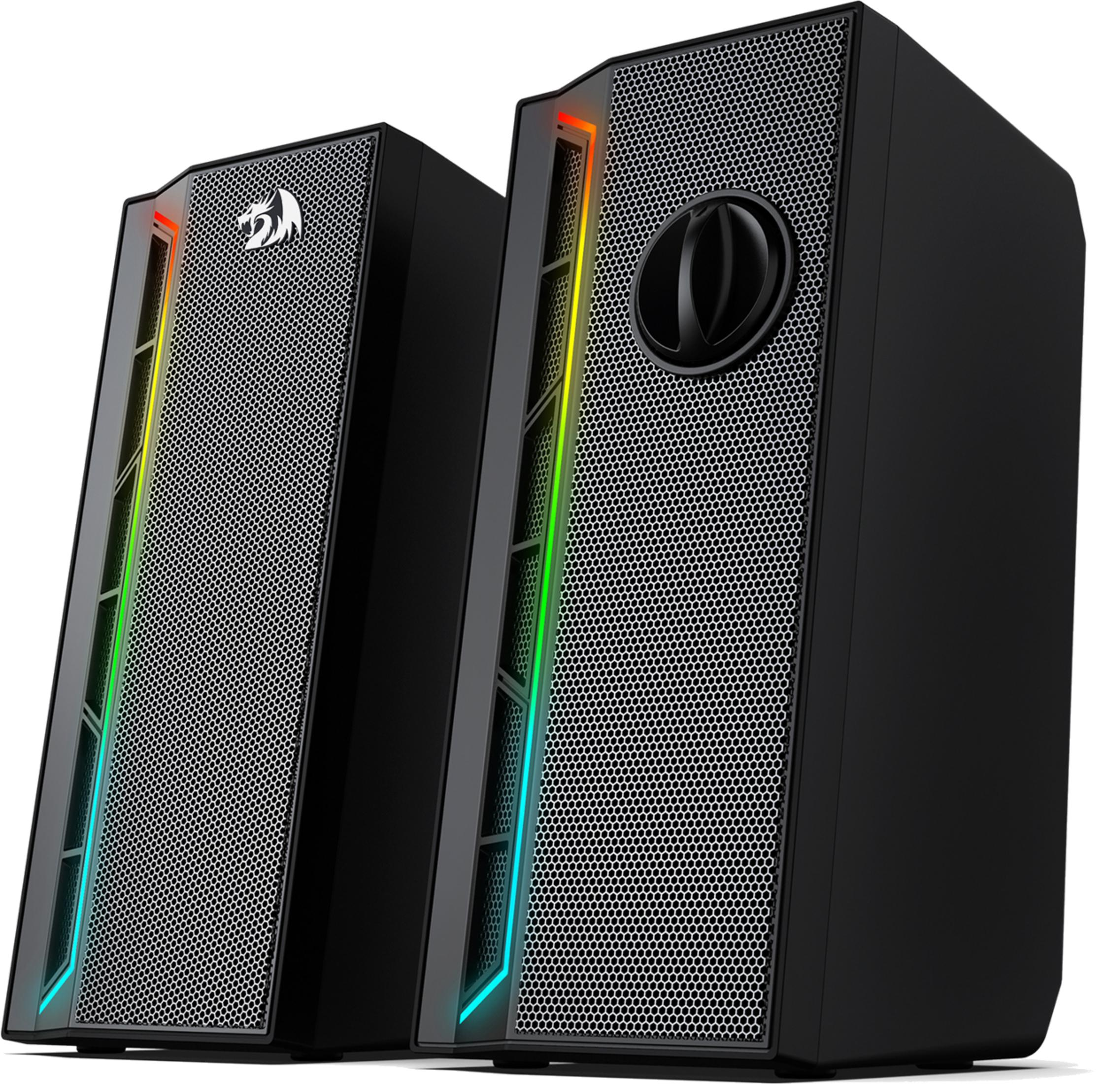 RGB aydınlatmalı ve file önlü iki siyah hoparlör.