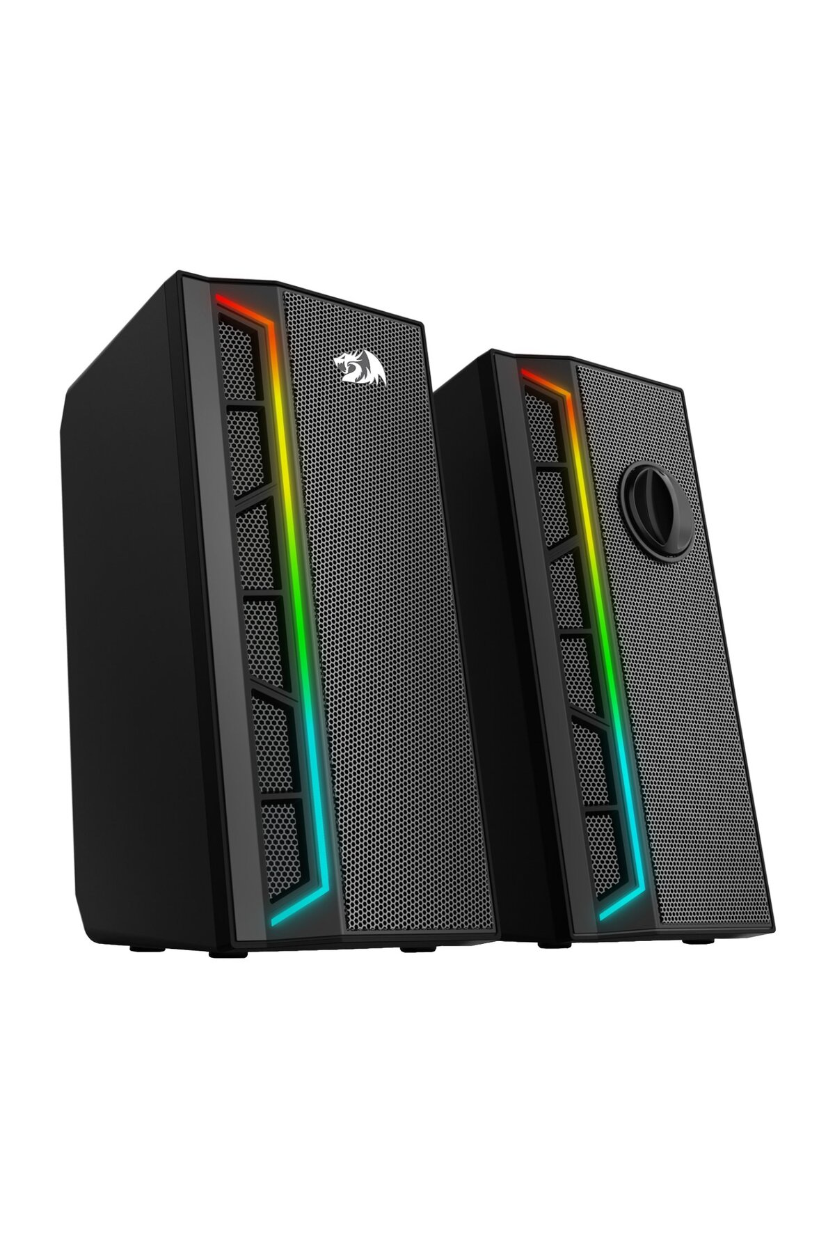 RGB aydınlatmalı iki siyah hoparlör.