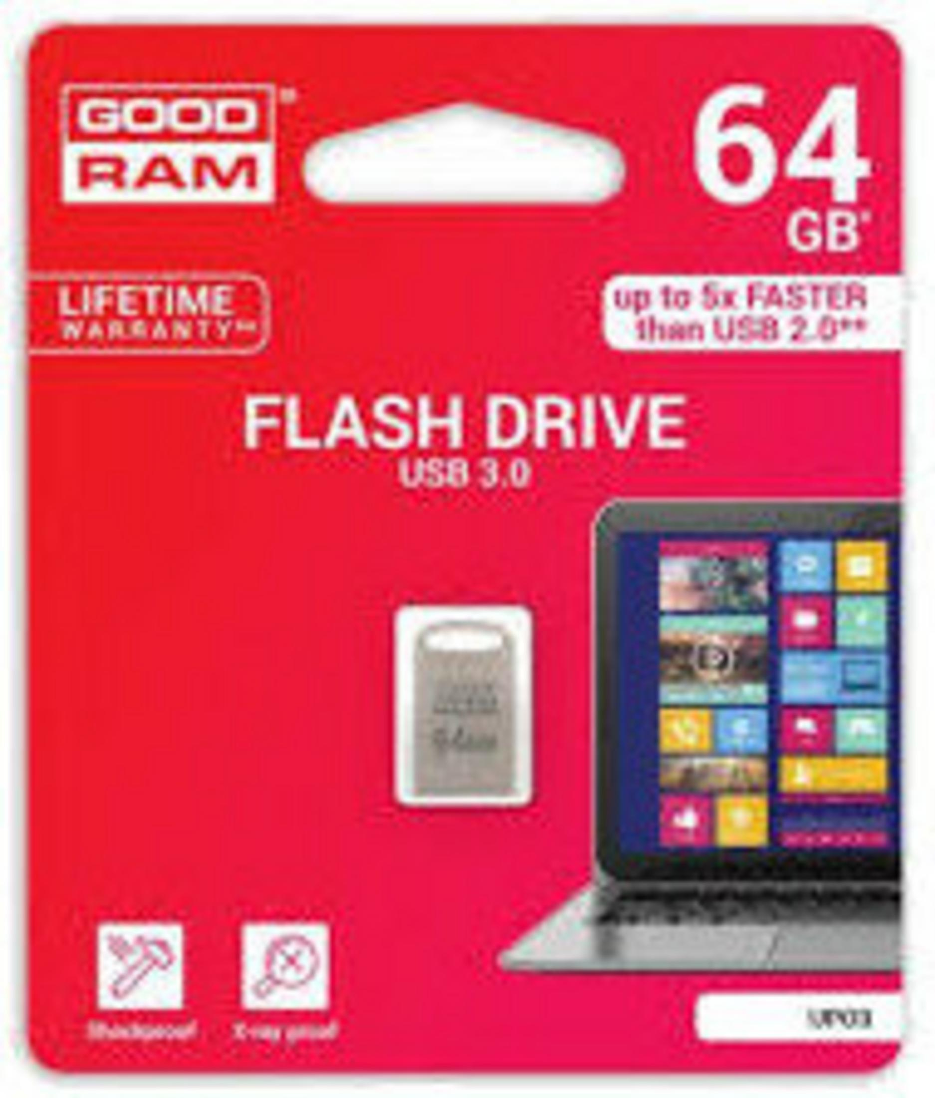 Opakowanie pendrive Good Ram 64GB USB 3.0 z obrazem laptopa.