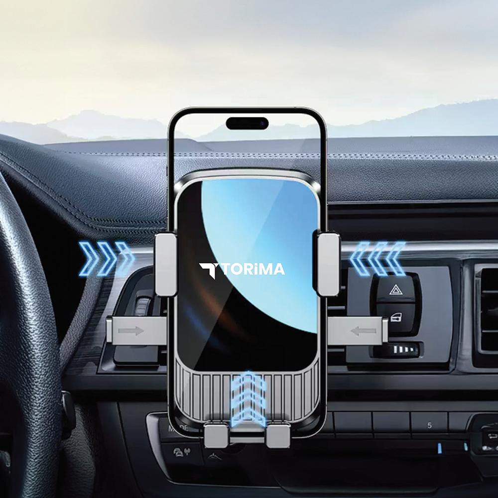 Gösterge paneline monte edilmiş akıllı telefon ekranlı araç telefon tutucusu.