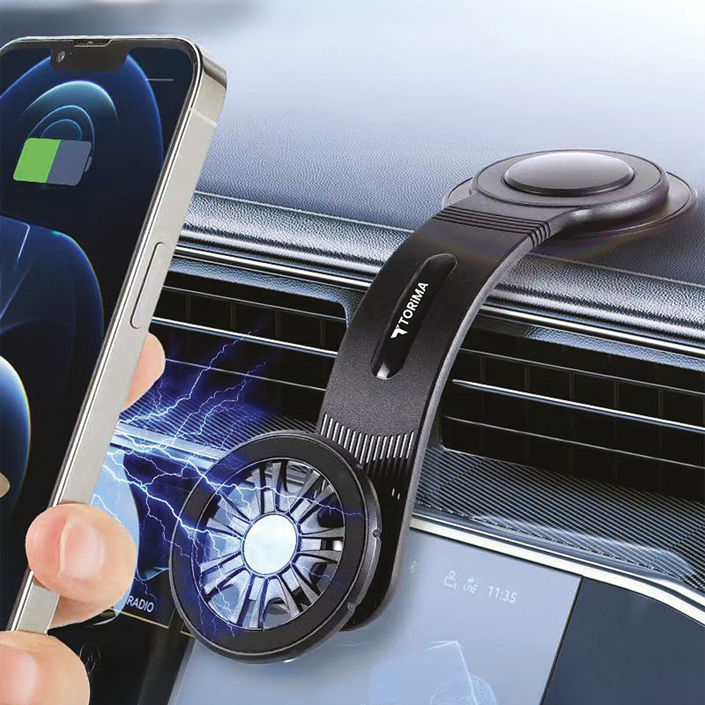 Akıllı telefon, elektrik kıvılcımlarıyla siyah araç havalandırma klipsine takılır.