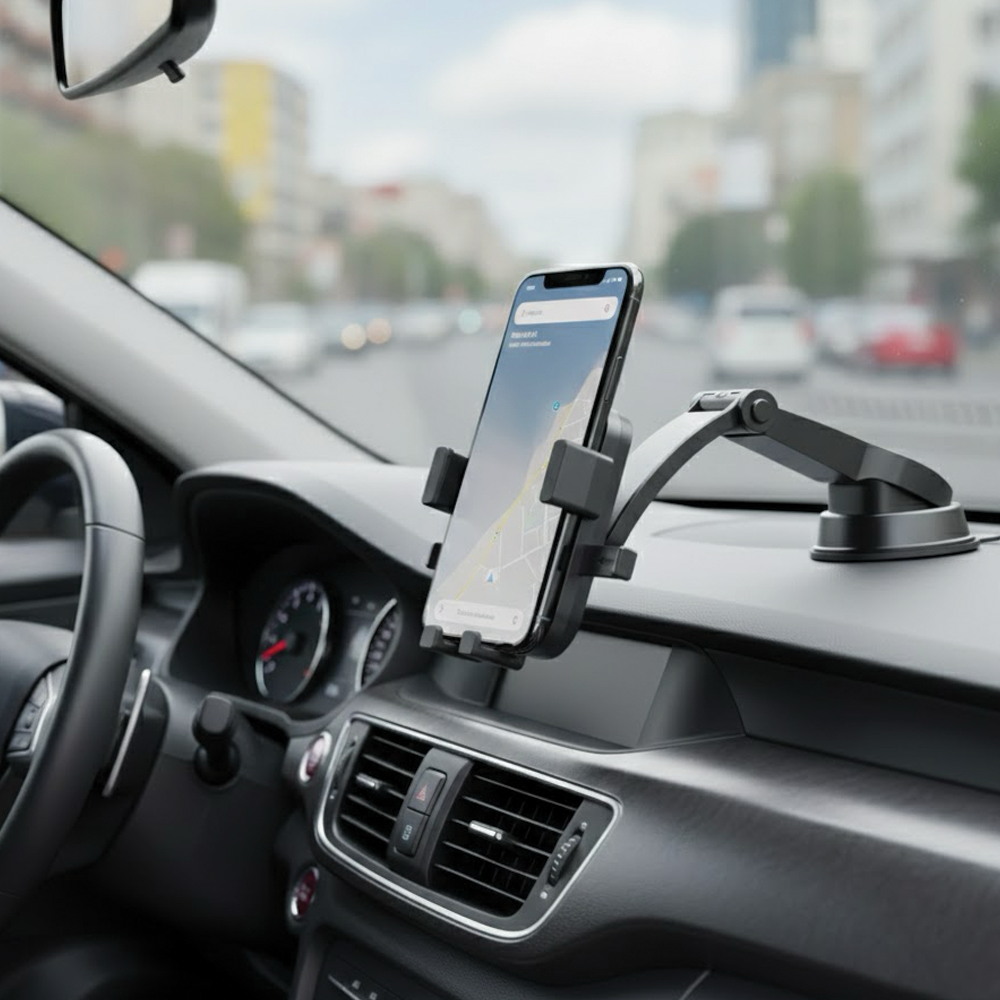 Araba ön panelinde navigasyon uygulamalı telefon tutucu.