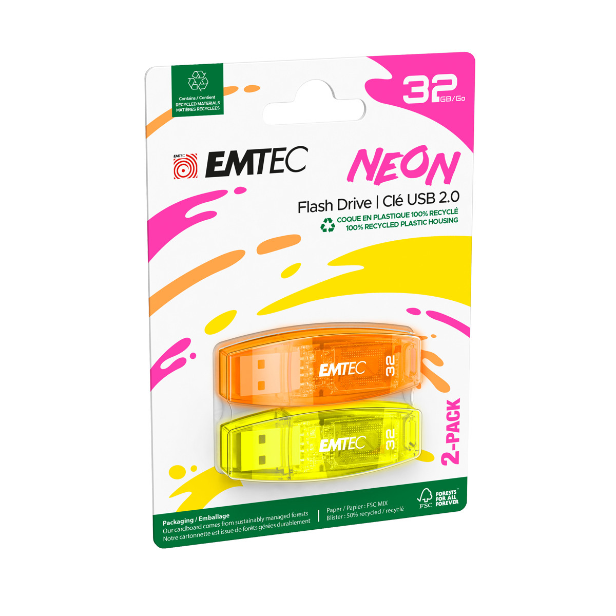Due chiavette USB EMTEC Neon da 32 GB, arancioni e gialle, in confezione riciclata.
