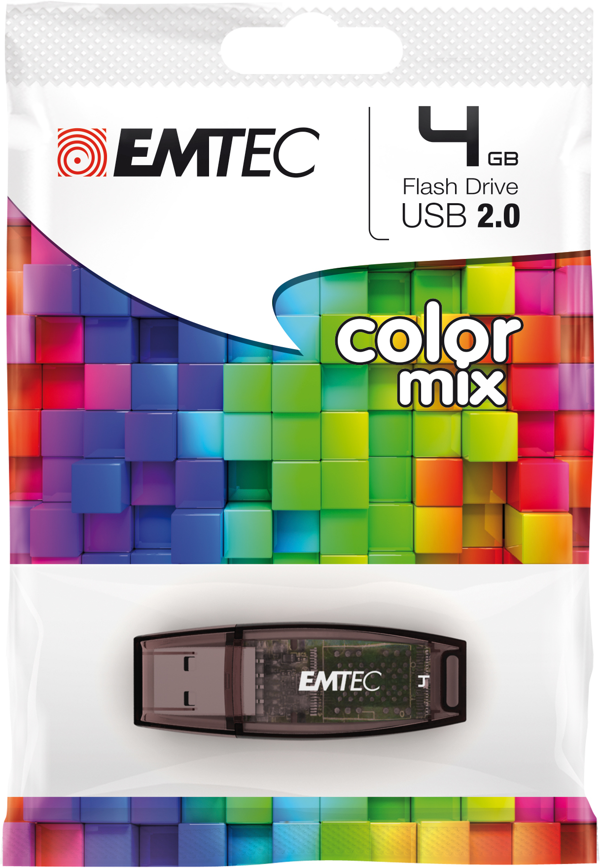 EMTEC 4GB USB 2.0 Flash Drive mit Farbverlauf und sichtbarer Platine.
