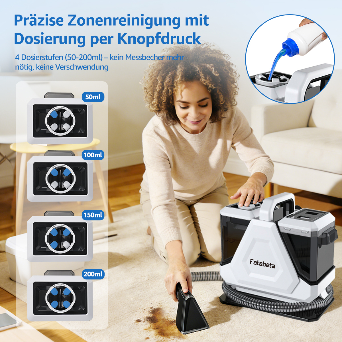 Frau reinigt Teppichfleck mit Fatabeta Gerät. Dosiereinstellungen 50-200ml.