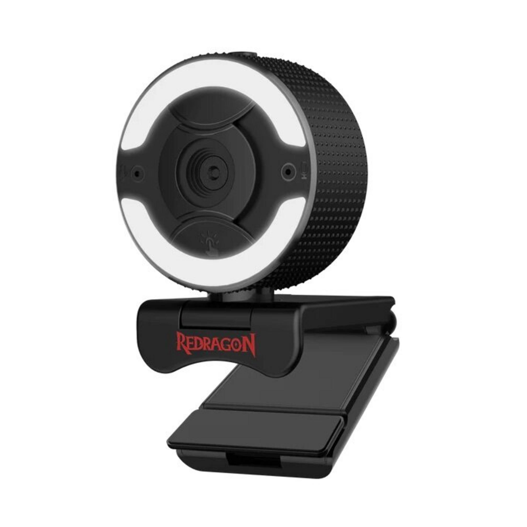 Webcam nera con luce ad anello e logo Redragon sul suo supporto.