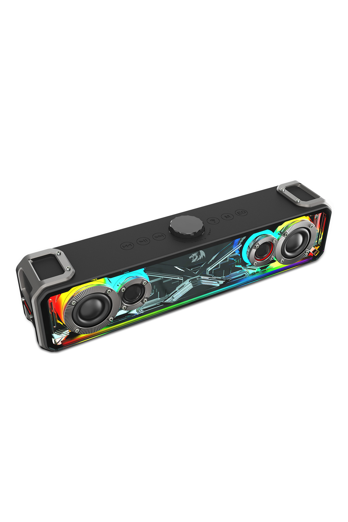 RGB aydınlatmalı ve çift sürücülü siyah hoparlör.