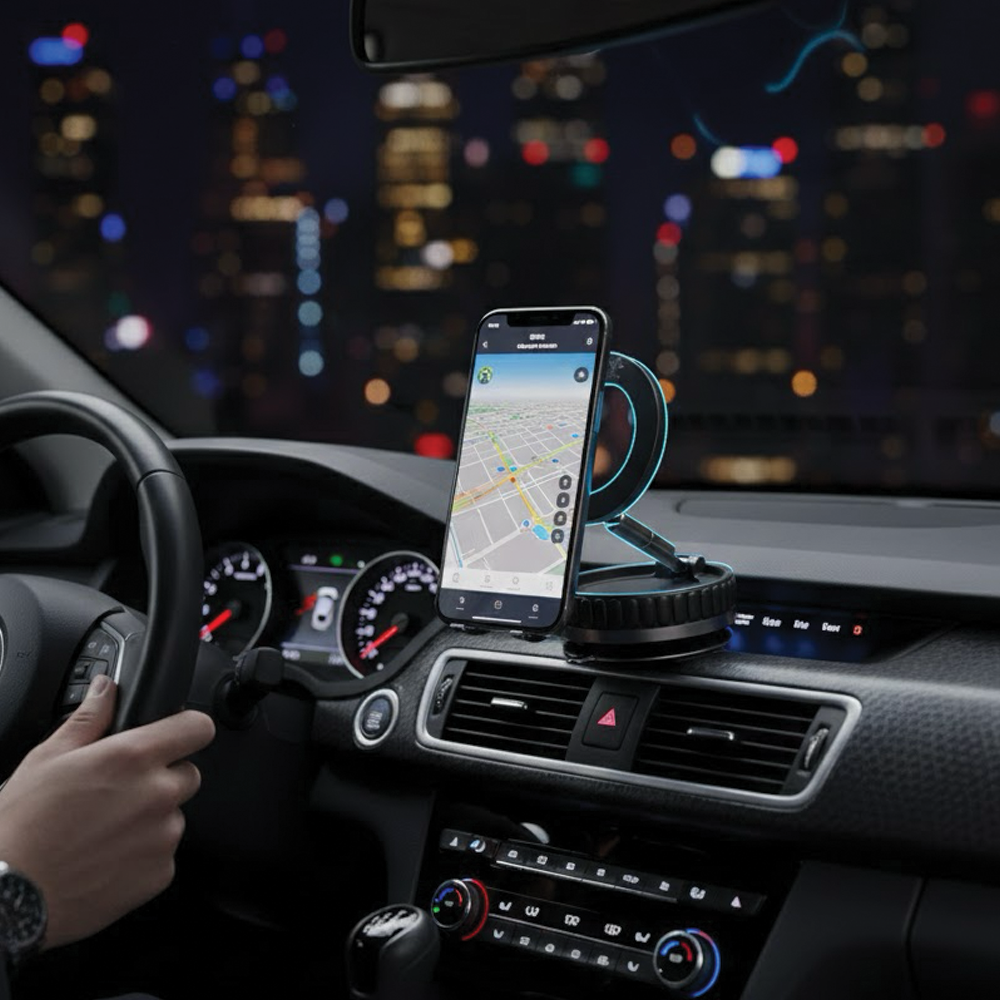 Geceleri otomobilin gösterge panelinde navigasyon uygulamalı akıllı telefon. Arka planda şehir ışıkları.