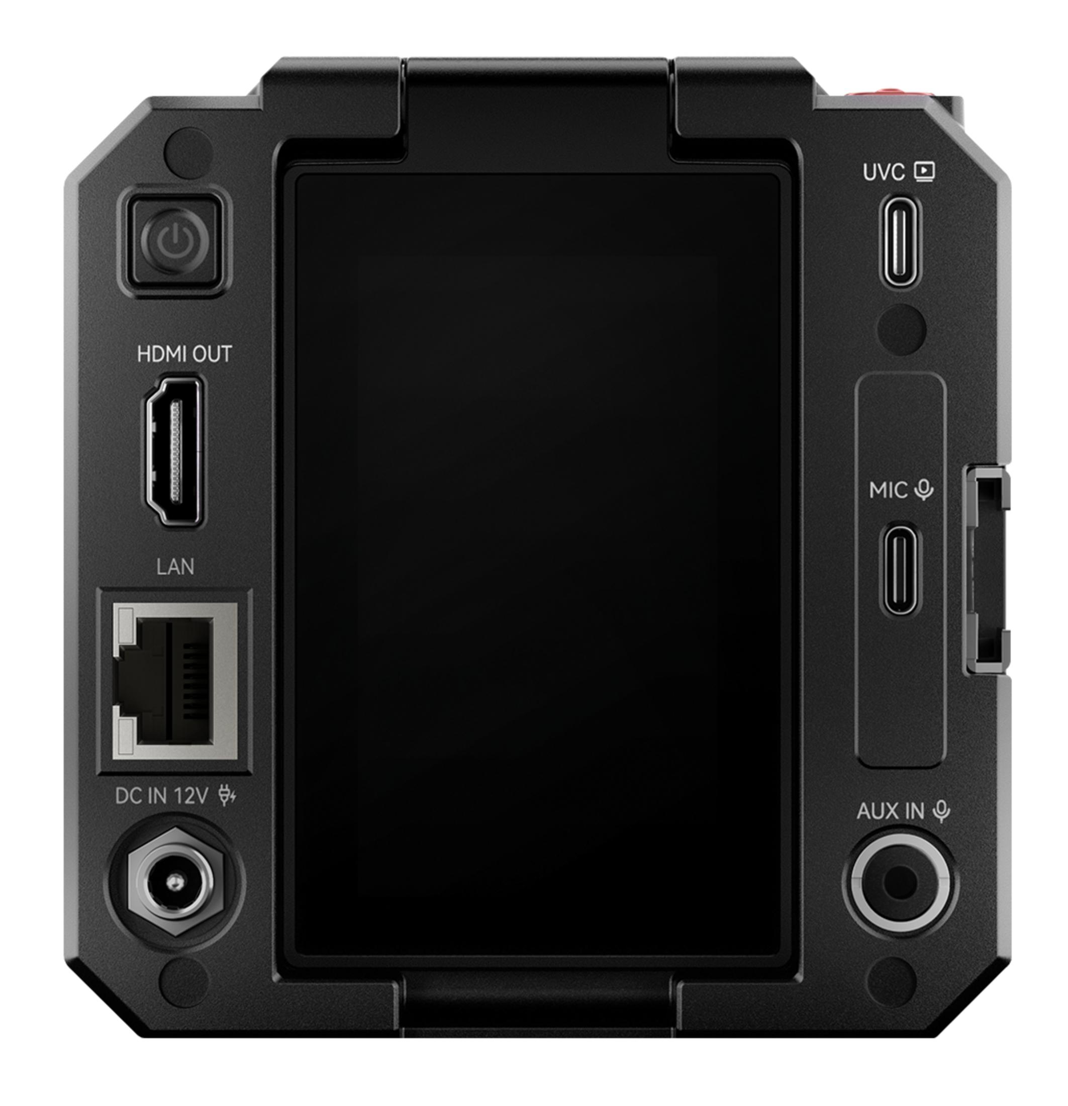 Tył czarnego urządzenia z portami: HDMI, LAN, DC IN, UVC, MIC, AUX IN.