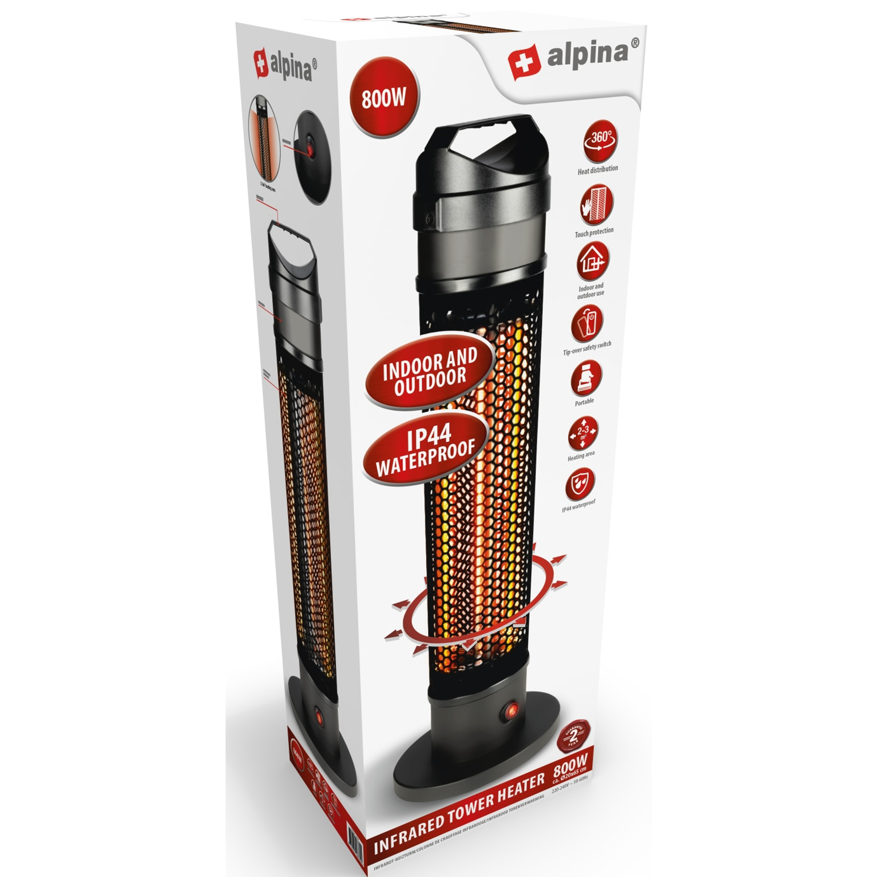 Alpina 800W Infrarot-Turmheizung, Indoor/Outdoor, IP44 wasserdicht.