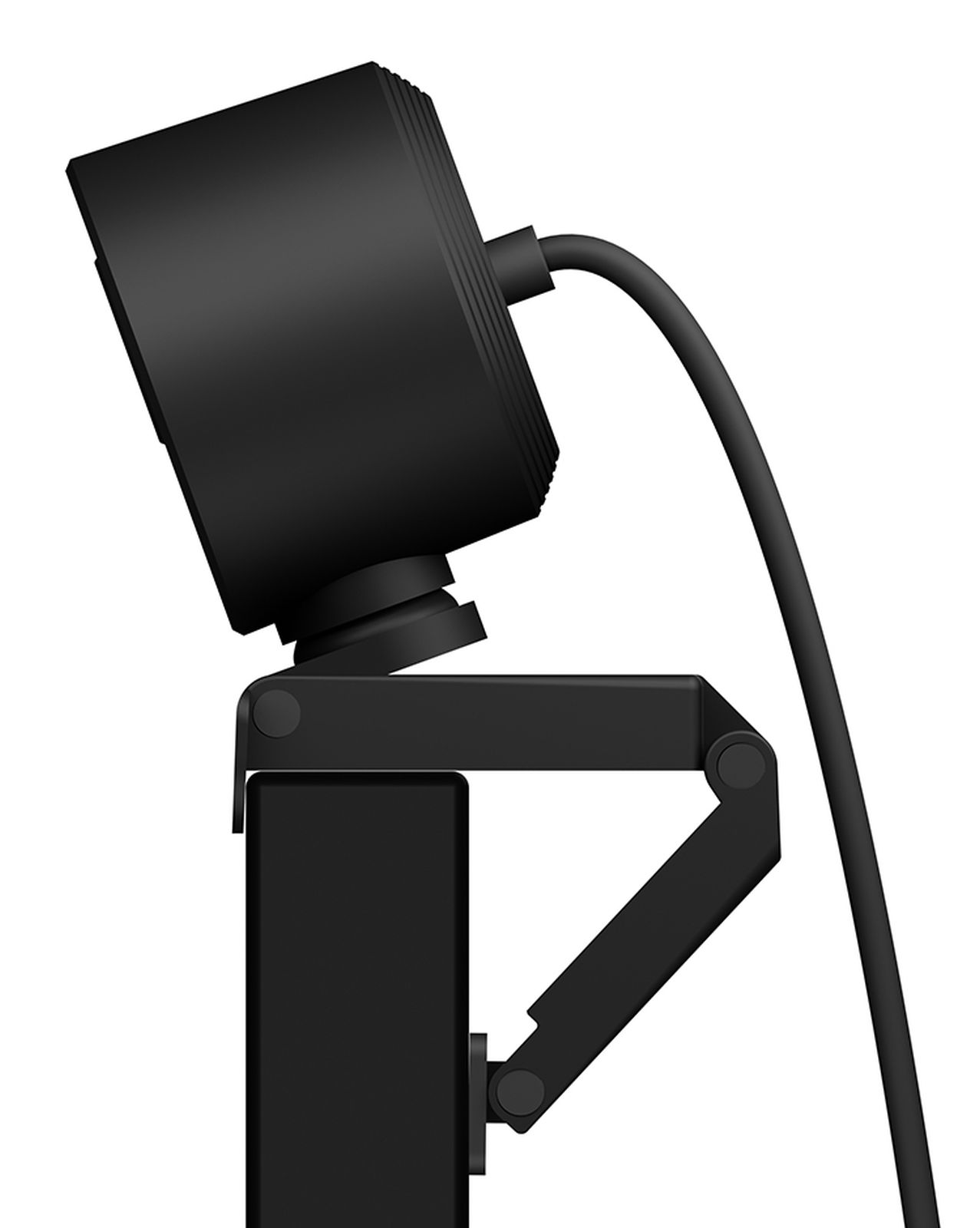 Czarna kamera internetowa zamontowana na regulowanym ramieniu przymocowanym do ekranu.