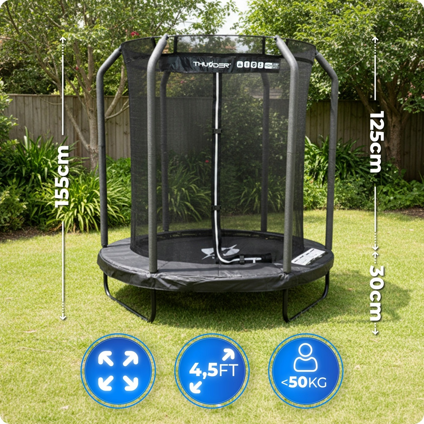 Trampolina z siatką zabezpieczającą w ogrodzie, wysokość 155cm, średnica 125cm.