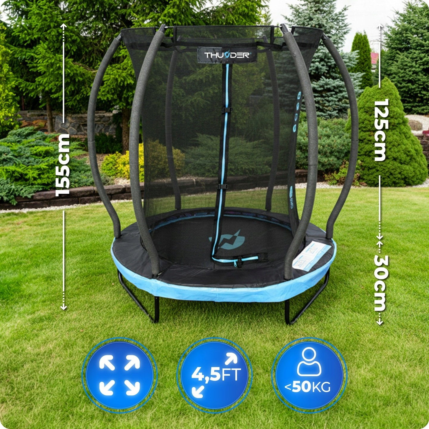 Trampolina z siatką zabezpieczającą na zielonej trawie, podano wymiary.