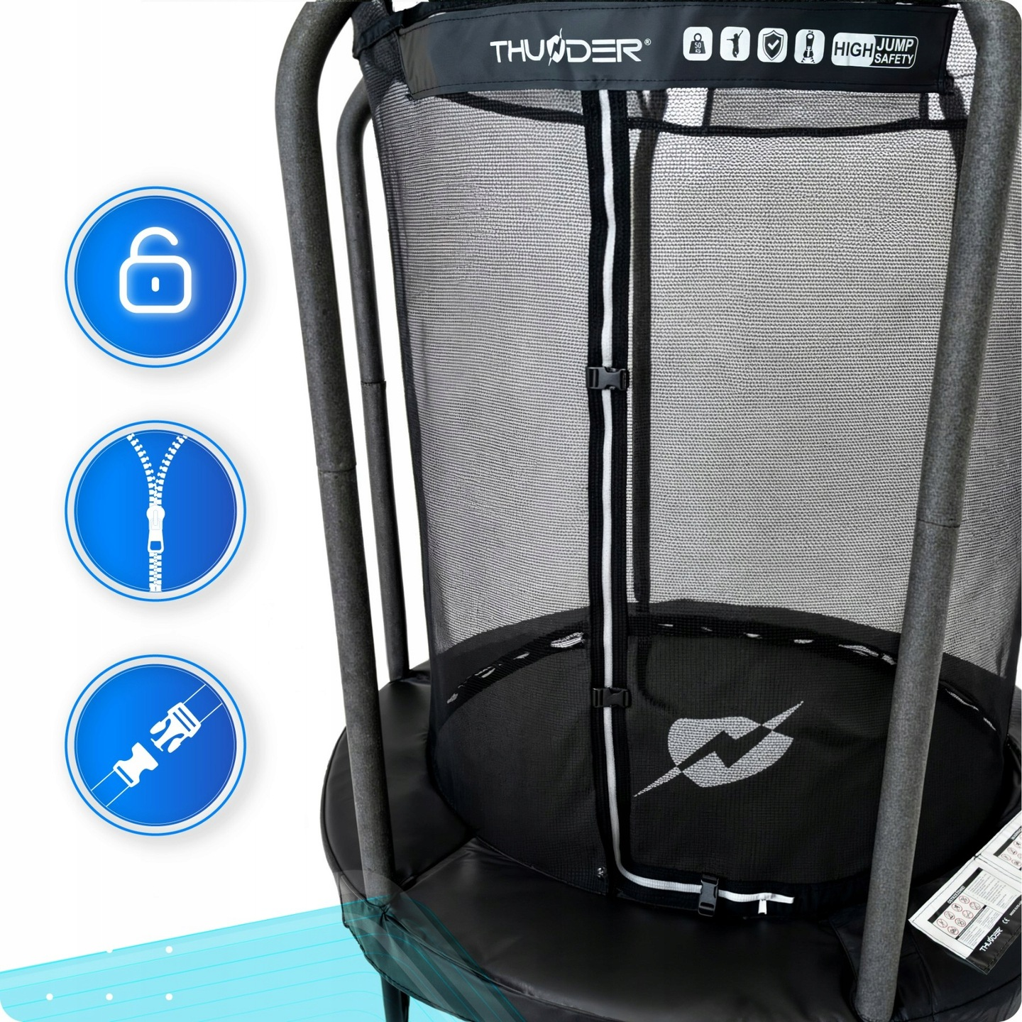 Siatka zabezpieczająca trampoliny z ikonami zamka, zamka błyskawicznego i klamry po lewej.