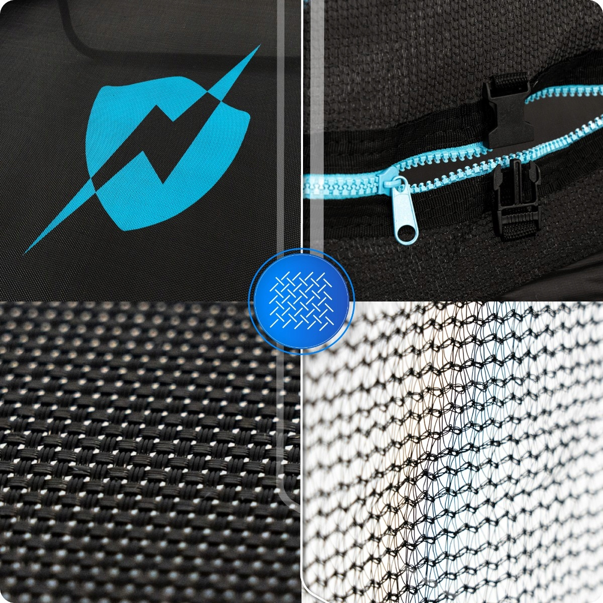 Kolaż czterech obrazów: niebieskie logo, zamek, tkanina i siatka.