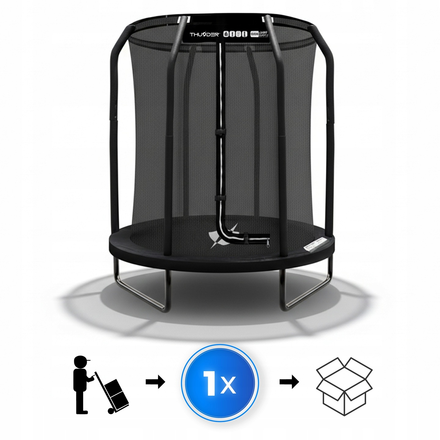 Czarna trampolina z siatką zabezpieczającą i ikonami akcesoriów.