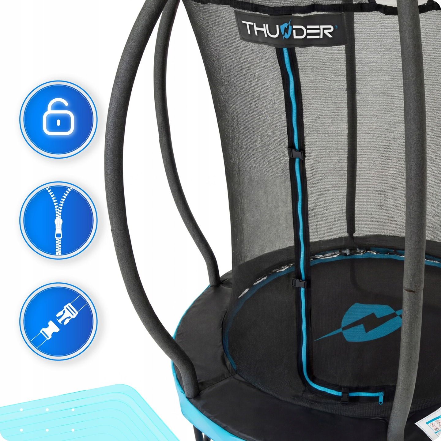 Trampolina z siatką zabezpieczającą, ikonami zamka, klamry i blokady. Niebiesko-czarna.