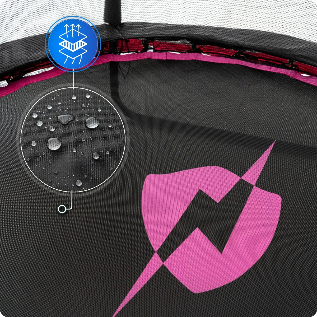 Powierzchnia trampoliny z różowym logo błyskawicy. Ikona efektu wody.