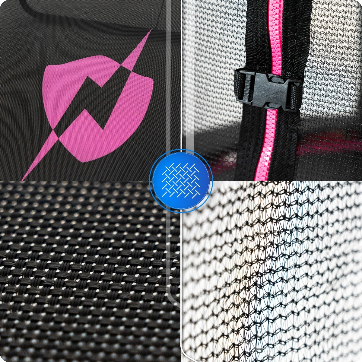 Czteropanelowy zbliżenie trampoliny: logo, zamek, splot i siatka.