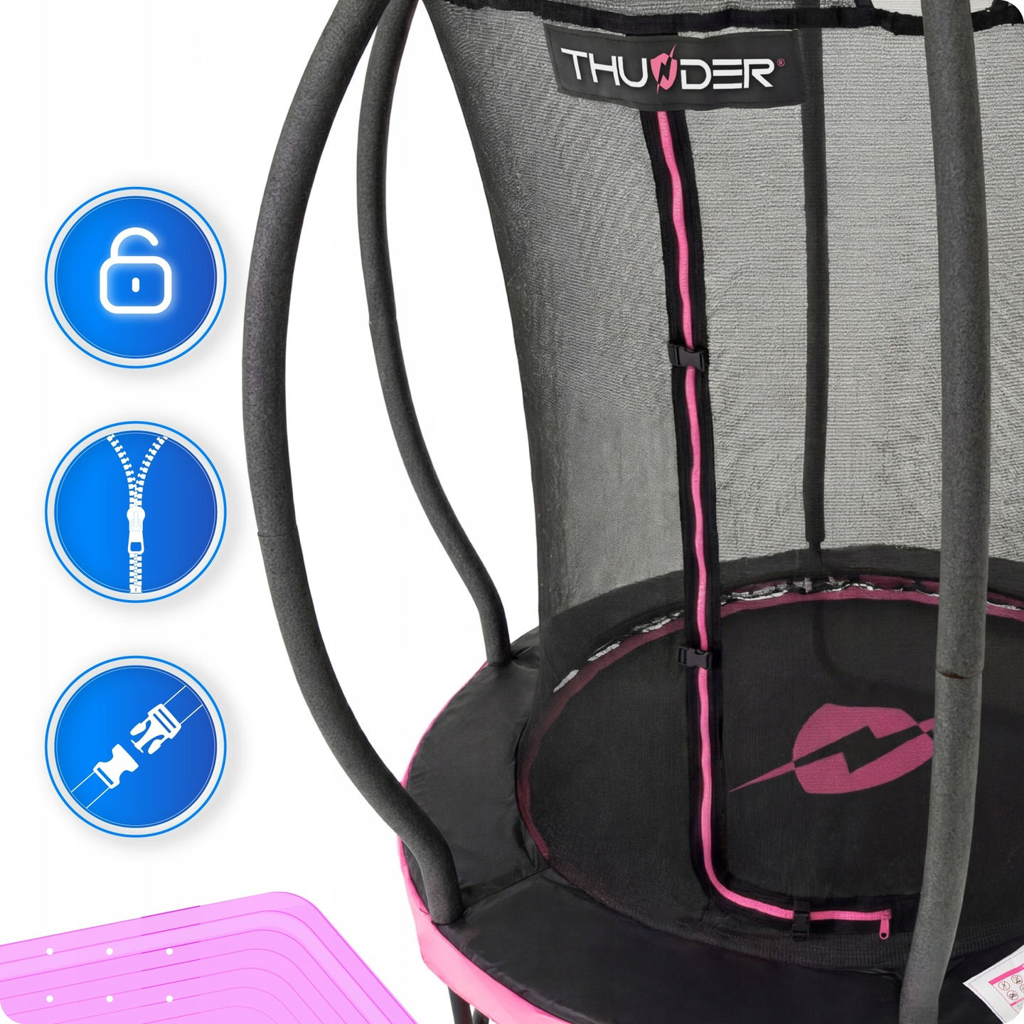 Trampolina z ikonami zamka, zamka błyskawicznego, klamry. Czarny i różowy.