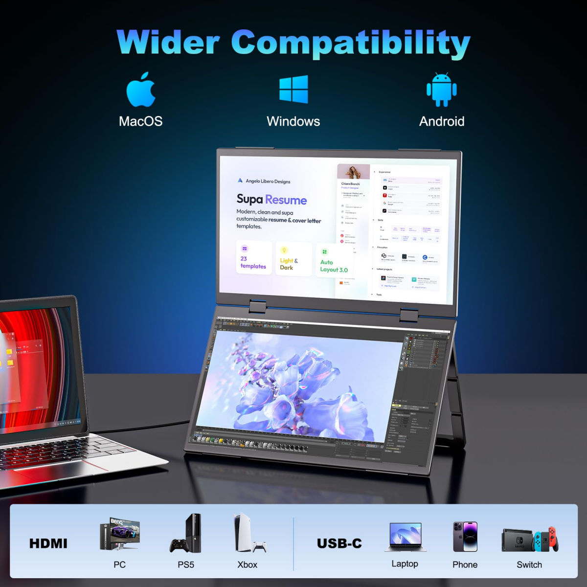 Laptops mit MacOS, Windows, Android-Kompatibilität und Anschlüssen.