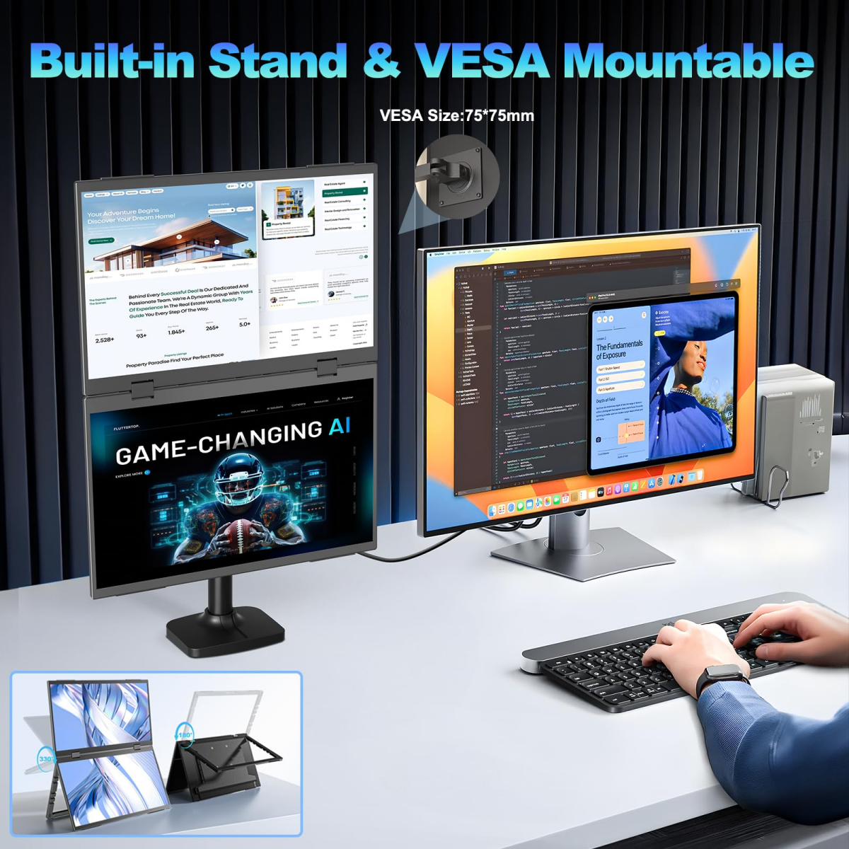 Zwei Monitore mit Standfuß und VESA-Halterung, ein Laptop, Tastatur und Maus.