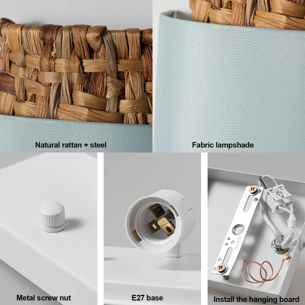 Primer plano: Cesta de ratán, pantalla de tela, base E27, tuerca y placa colgante.