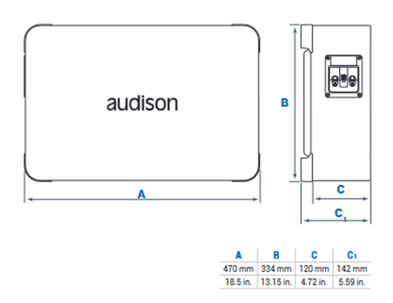 Technische Zeichnung eines Audison-Geräts mit Maßen A, B, C und C1.
