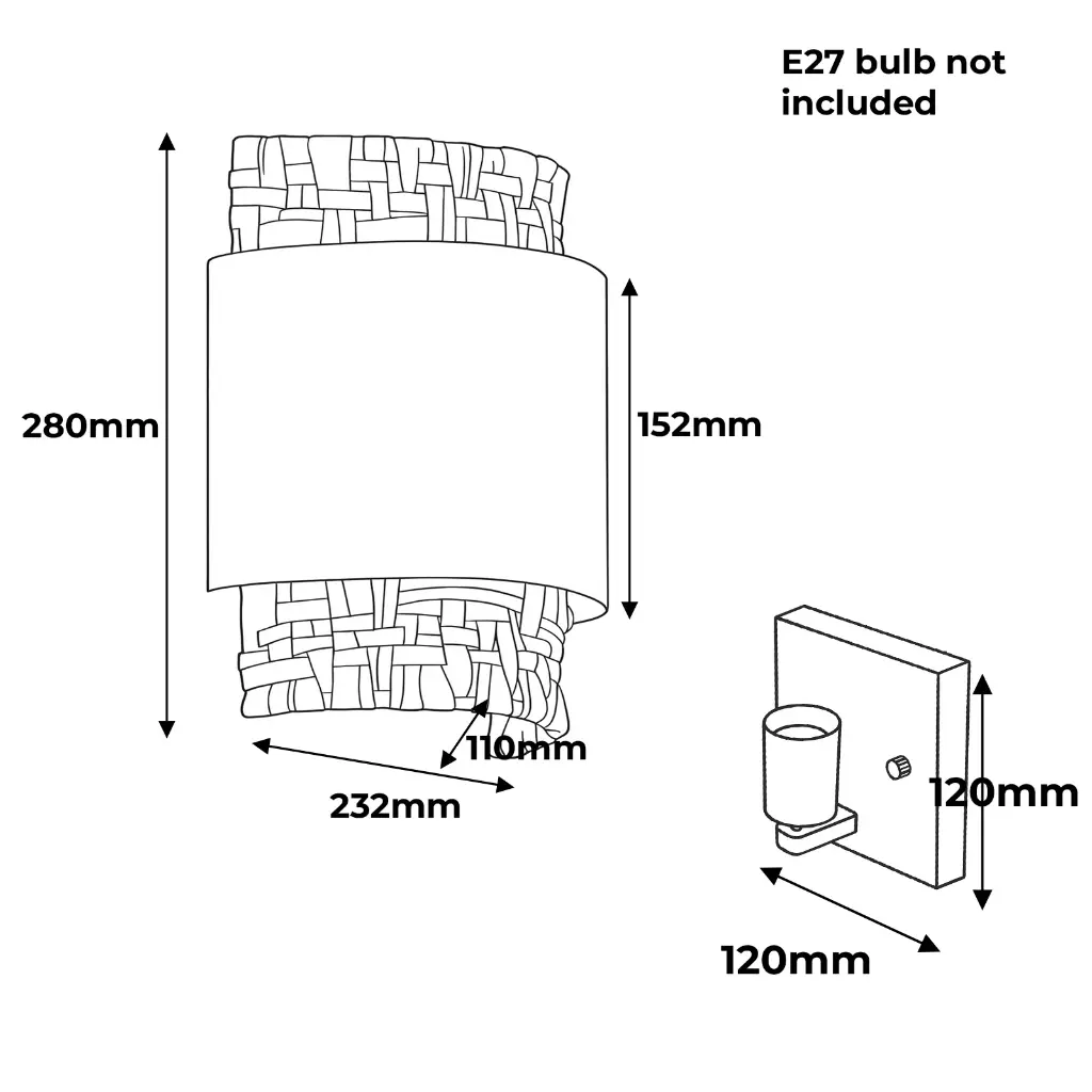 Dibujo técnico de una lámpara de pared con dimensiones. Bombilla E27 no incluida.