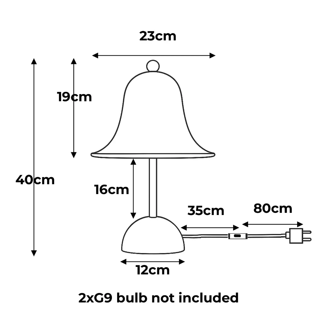 Diagrama de lámpara de mesa con dimensiones. Altura total 40cm.
