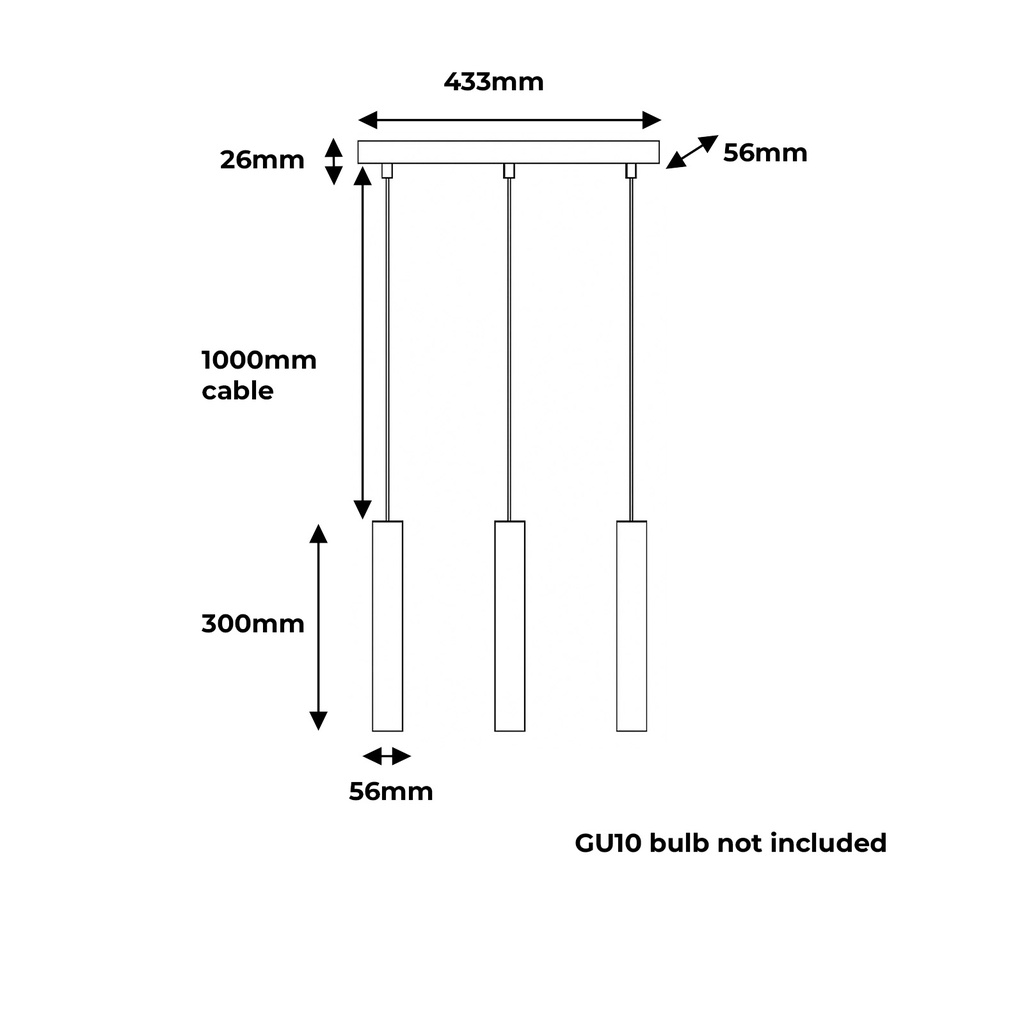 Dibujo técnico de una lámpara colgante de tres cilindros con dimensiones.