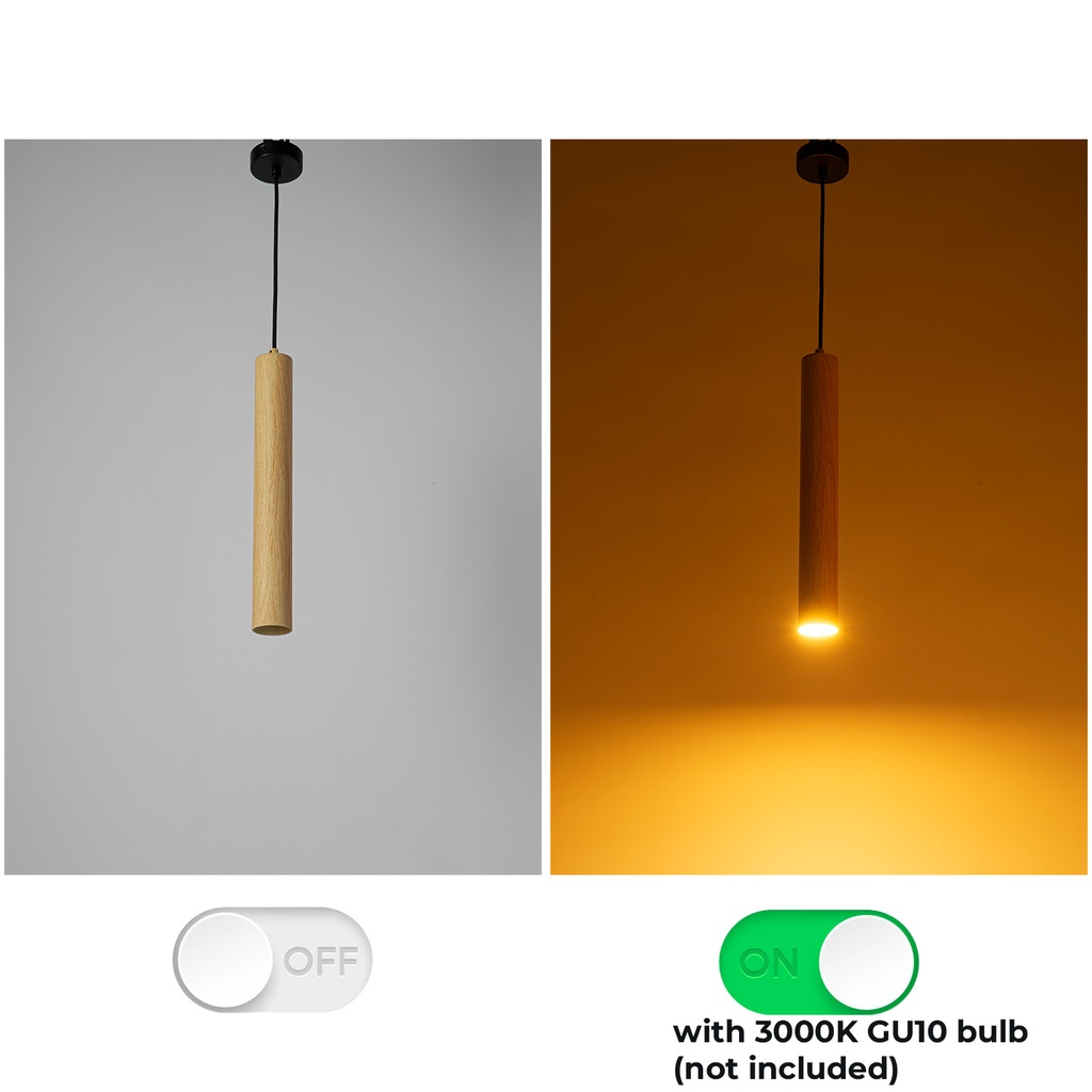 Una lámpara colgante cilíndrica de madera, apagada y encendida con luz cálida.