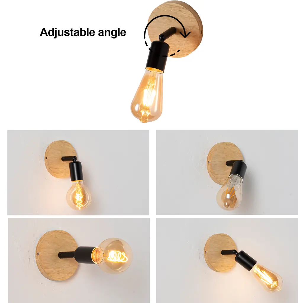 Lámpara de pared ajustable con base de madera y bombilla Edison.