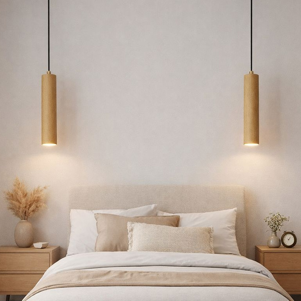 Dormitorio con dos lámparas colgantes de madera sobre la cama, cojines neutros.
