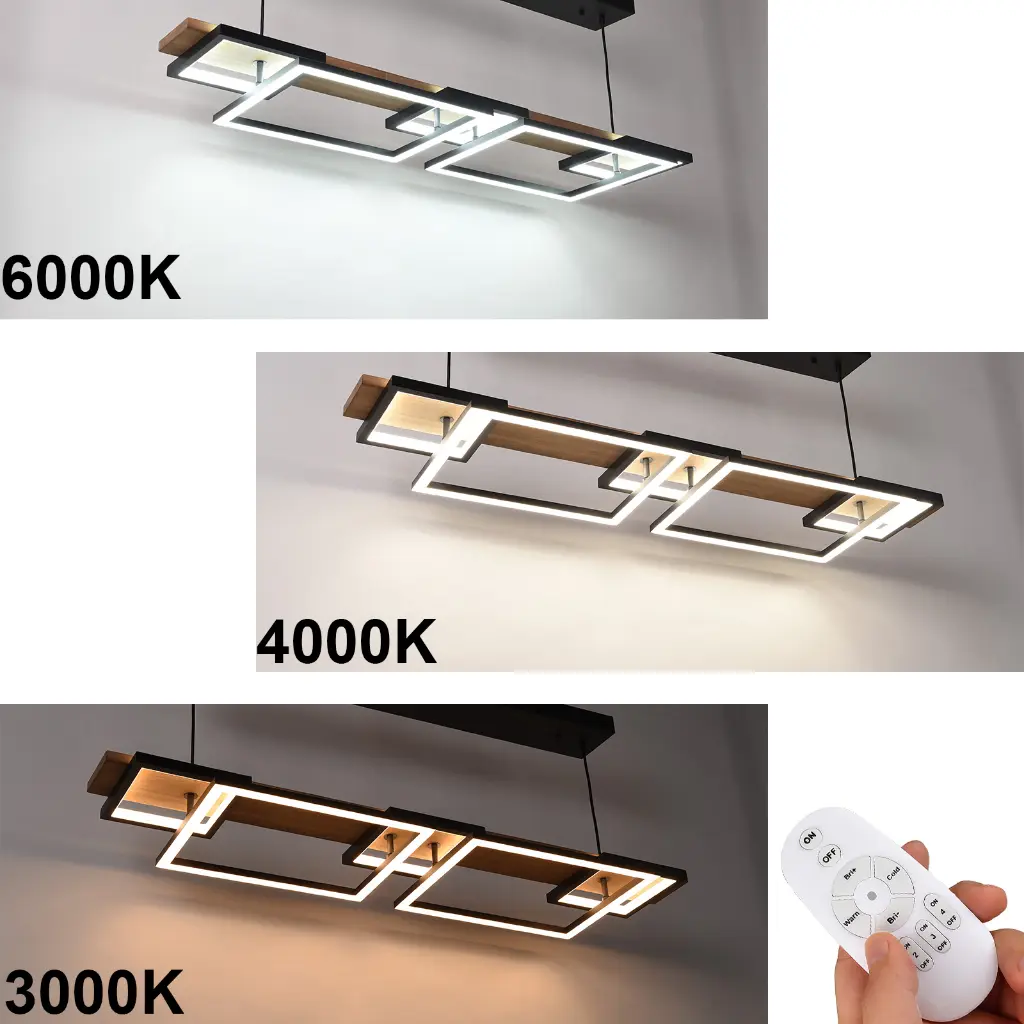 Lámpara colgante moderna con madera y metal, mostrando 3 temperaturas de color y un mando.